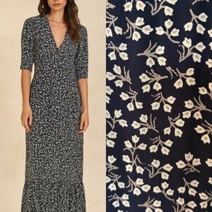 Ganni Floral V Neck Georgette Semi Sheer Ruffle Hemline Ditsy Floral Maxi Dress